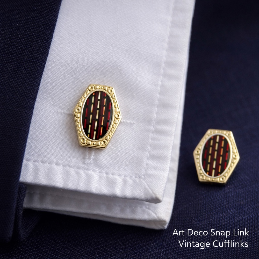 Vintage Art Deco Snap Link Cufflinks – Red Enamel Mosaic Design – c.1930